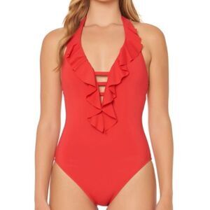 BLEU Rod Beattie Orange Strappy Ruffle Plunging Halter One Piece Swimsui…